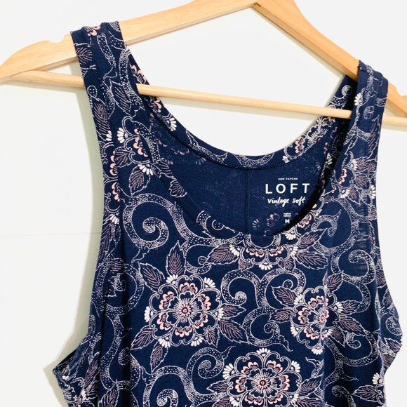 Ann Taylor Loft Vintage Soft Floral Tank Top Medium 100% Cotton Navy Blue Summer - Picture 2 of 10